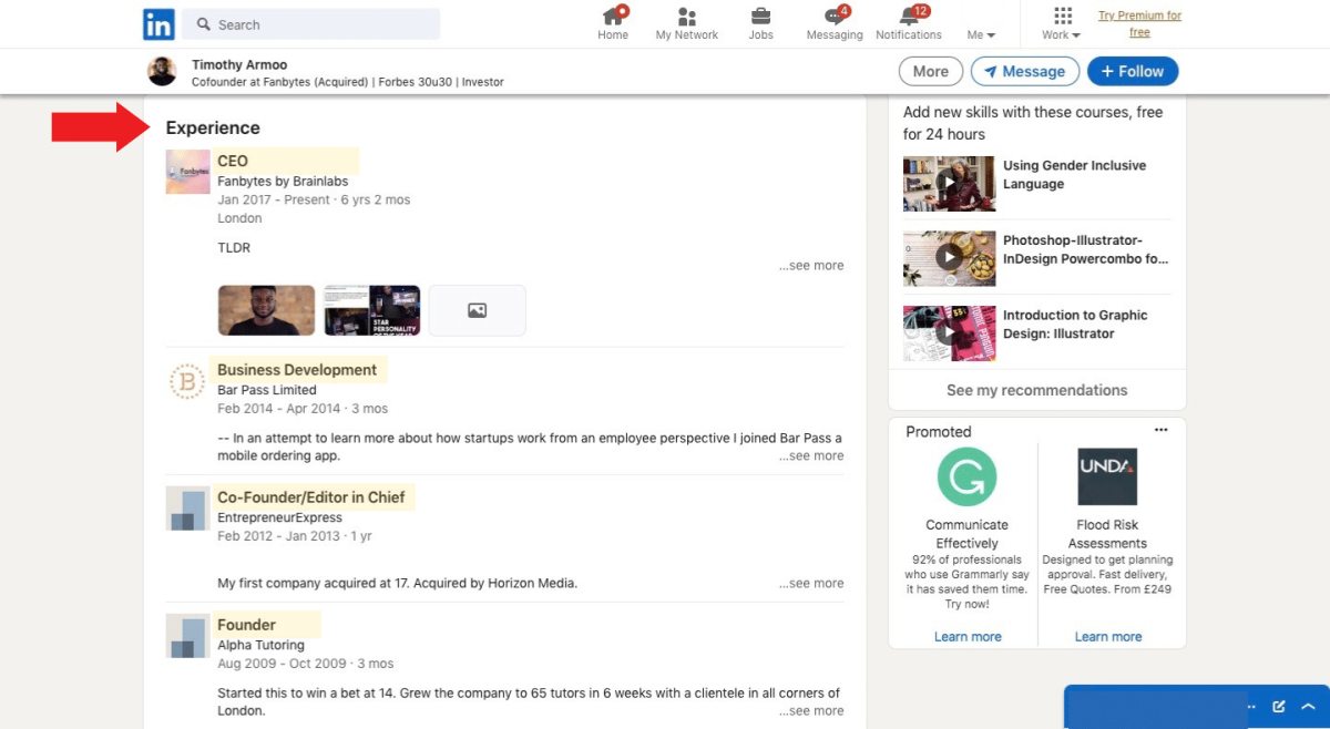 linkedin experience section example