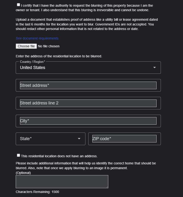Google Street View blur request form asking for proof of address and property details