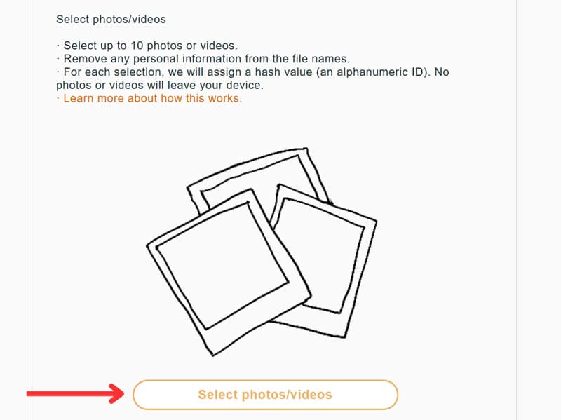 Take It Down file selection screen showing option to select up to 10 photos or videos