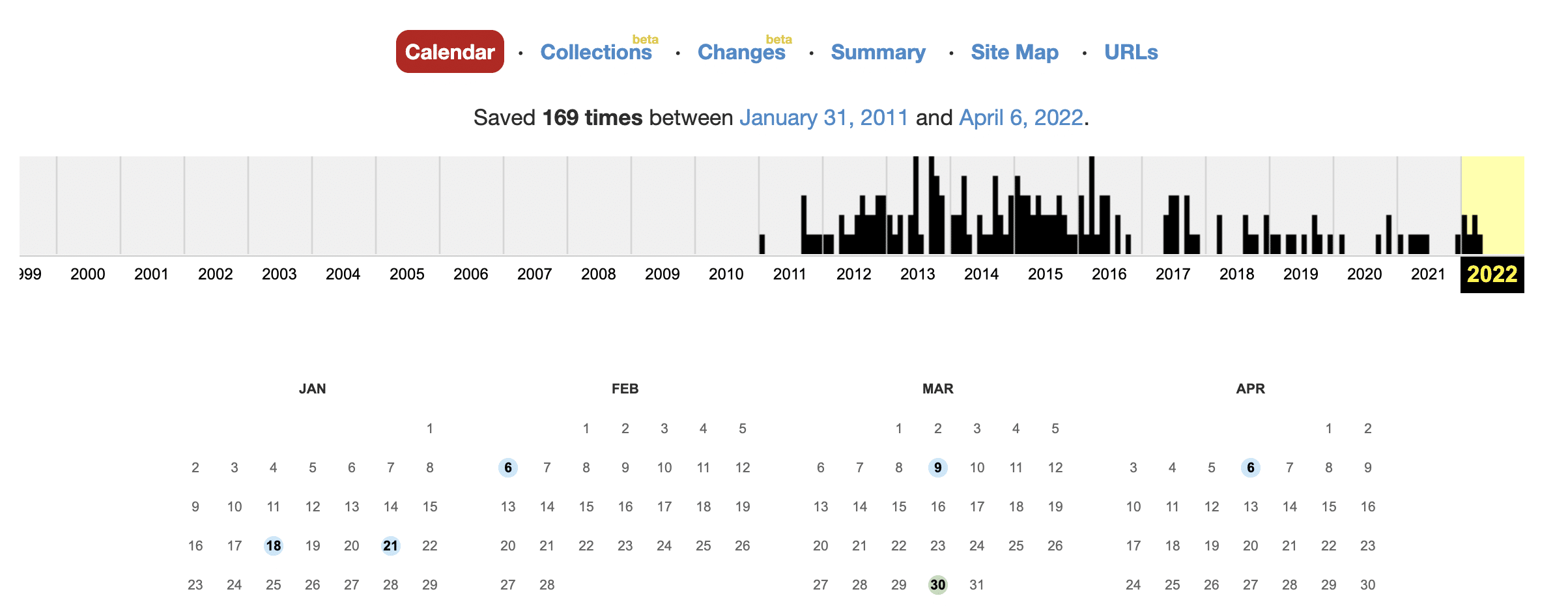 wayback machine date range screenshot