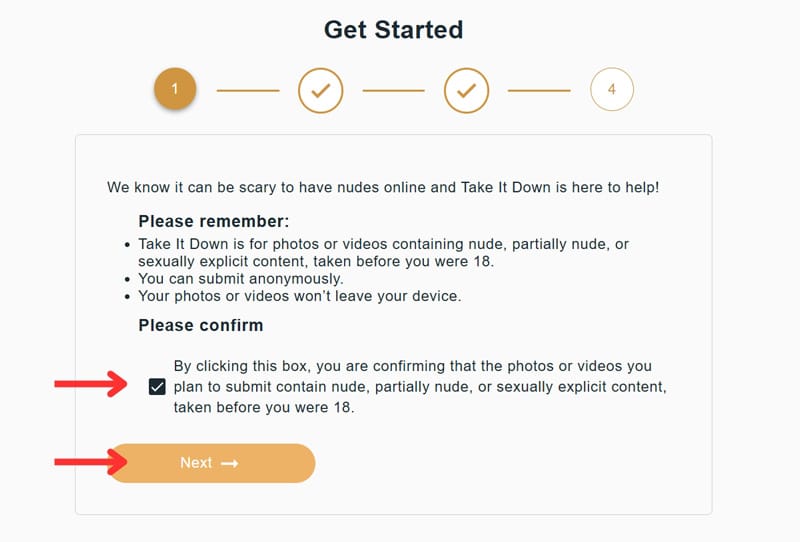 Take It Down 'Get Started' screen with checkbox confirming photos or videos were taken before age 18