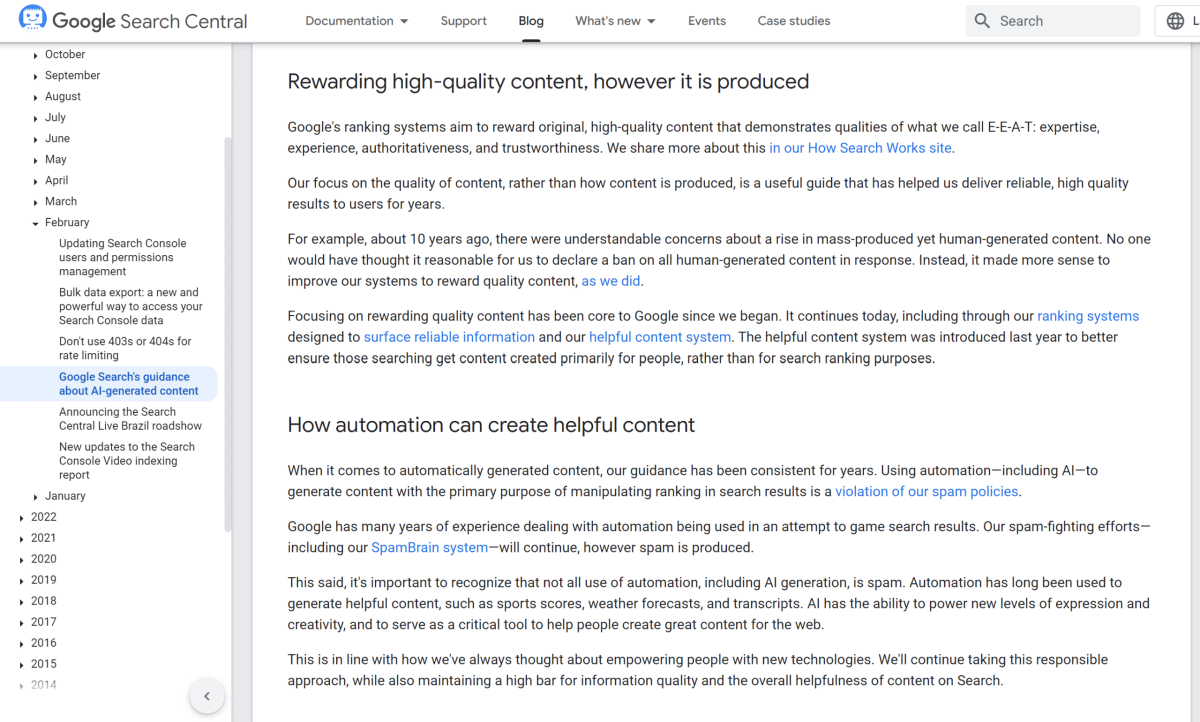 google guidelines about ai generated content