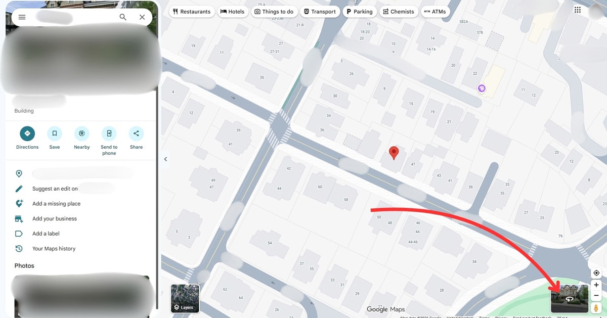 Google Maps property panel with an arrow pointing to the Street View thumbnail icon