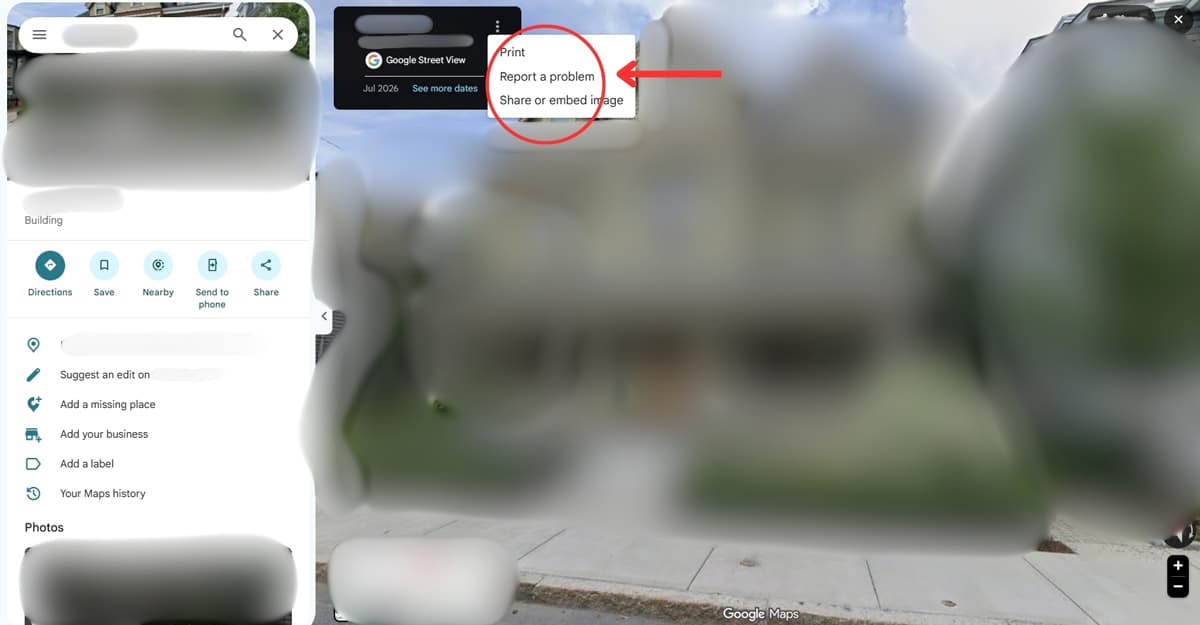 Google Street View options menu with "Report a problem" circled in red