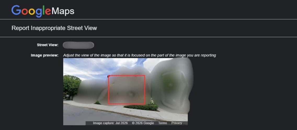 Google Street View report tool with a red box positioned over a house for blurring