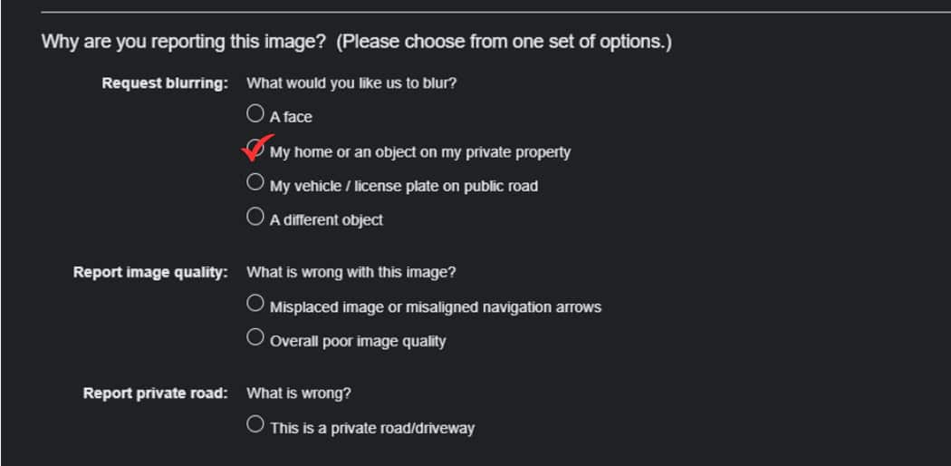 Google Street View report form with "My home" selected as the reason for blurring