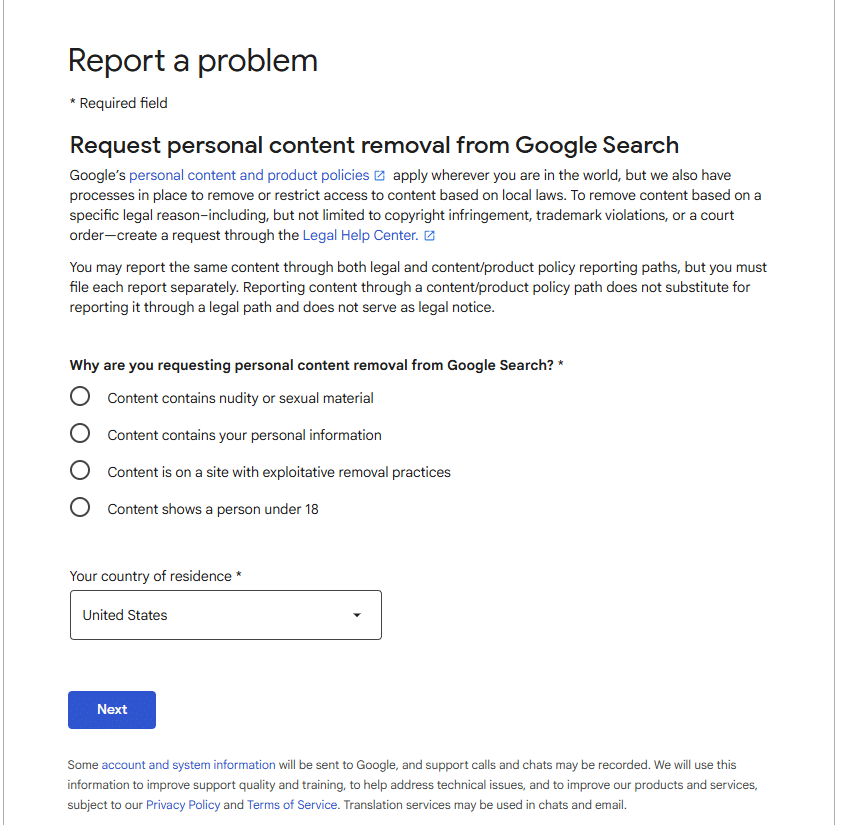 google removal request form