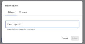 Page tab of a new request in Google's Refresh Outdated Content tool with an empty field to enter the page URL