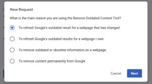 Google Remove Outdated Content Tool asking for the main reason, with "refresh outdated result for a webpage that has changed" selected