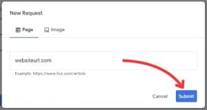 Page URL entered in Google's outdated content removal tool with an arrow pointing to the Submit button