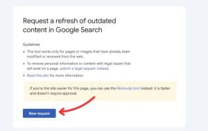 Google's Refresh Outdated Content tool homepage with an arrow pointing to the New request button