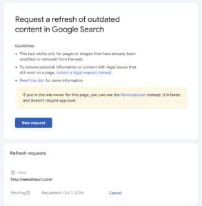 Refresh requests list in Google's outdated content removal tool showing a submitted page request with Pending status