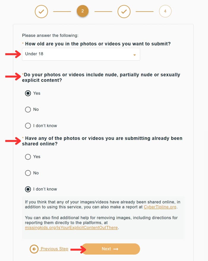Take It Down eligibility questions asking age in the content, whether it's explicit, and if it's already been shared online