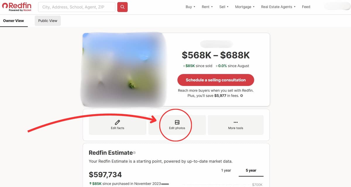 Redfin Owner View page with the Edit Photos button circled next to Edit Facts and More Tools
