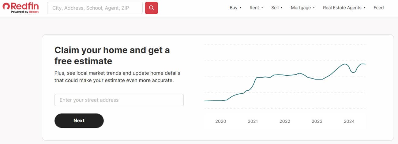 Redfin's Claim Your Home page showing the street address field