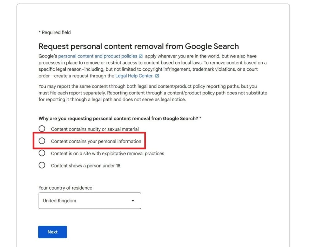 request personal content removal from google search