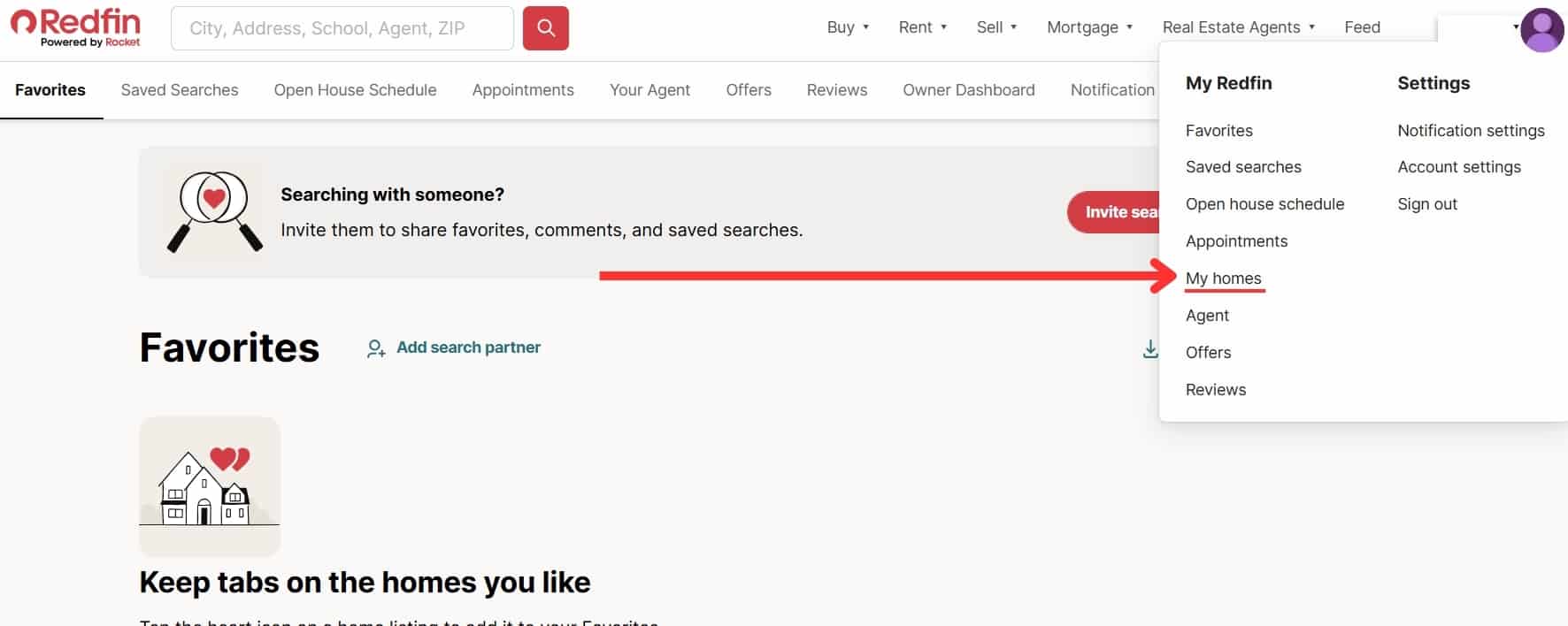 Redfin account dropdown menu with the My Homes link underlined and arrowed