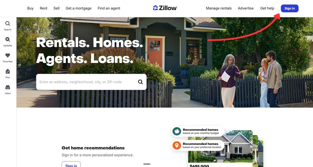Zillow homepage with an arrow pointing to the Sign In button in the top navigation