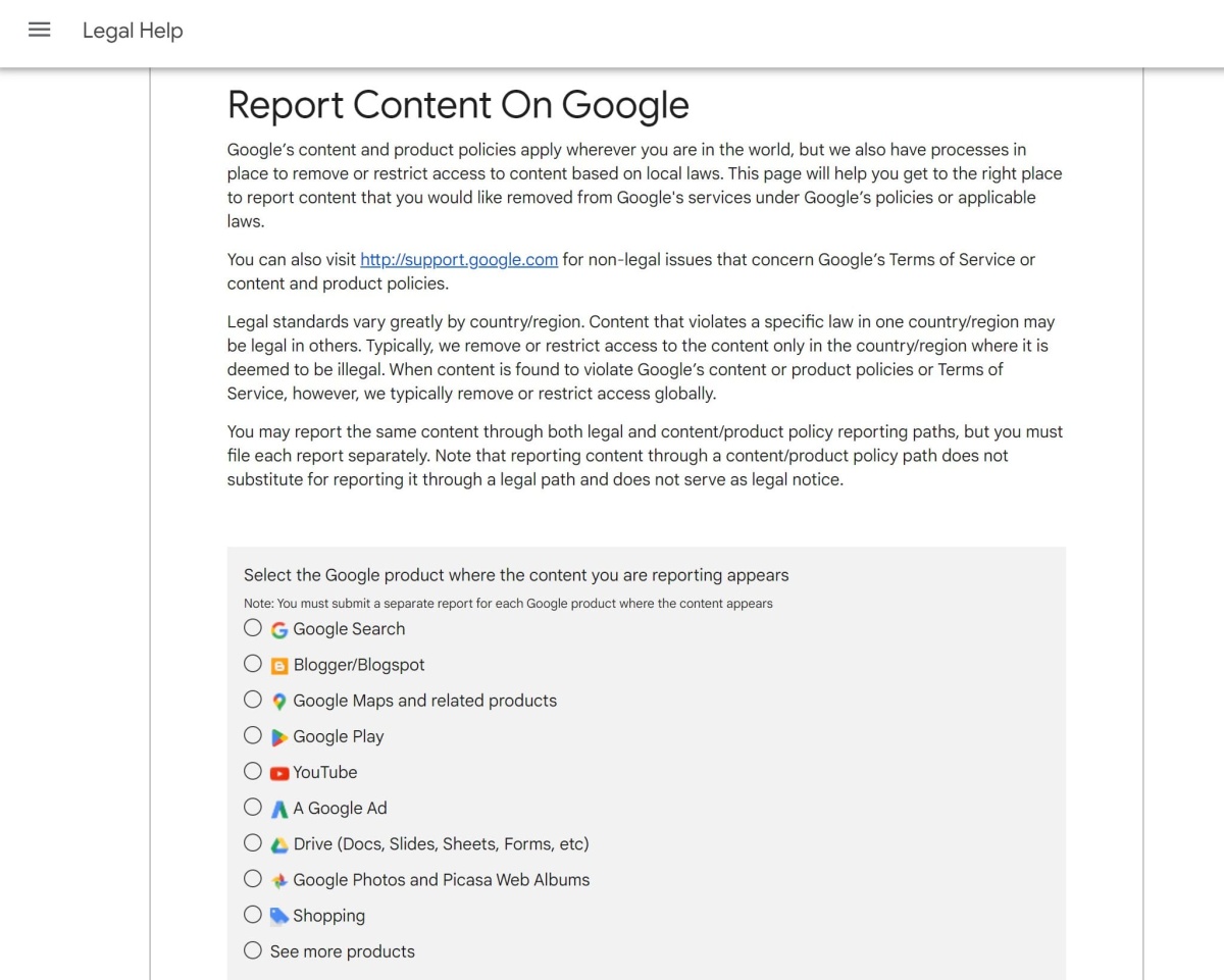 report content on Google