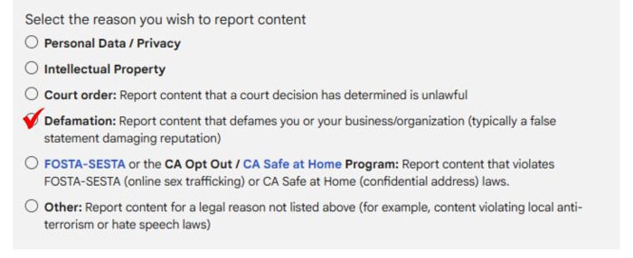 report defamation google search