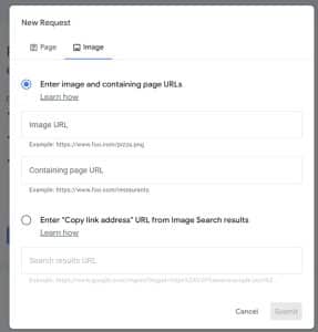 Image tab in Google's Refresh Outdated Content tool with fields for the image URL and containing page URL