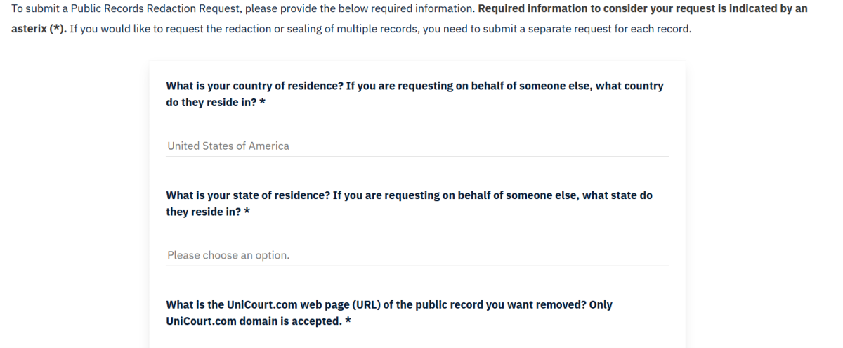 Public records redaction request form