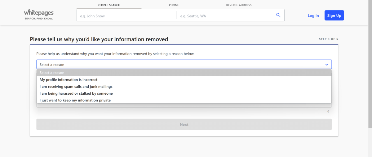 whitepages removal request