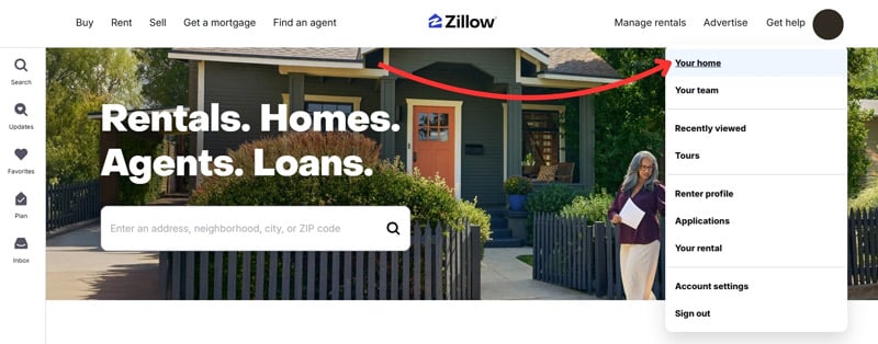 Zillow account dropdown menu with the Your Home option highlighted