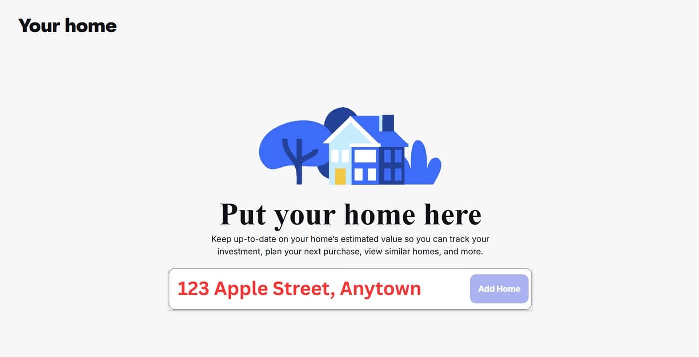 Zillow's Your Home page showing the address search field to claim a property